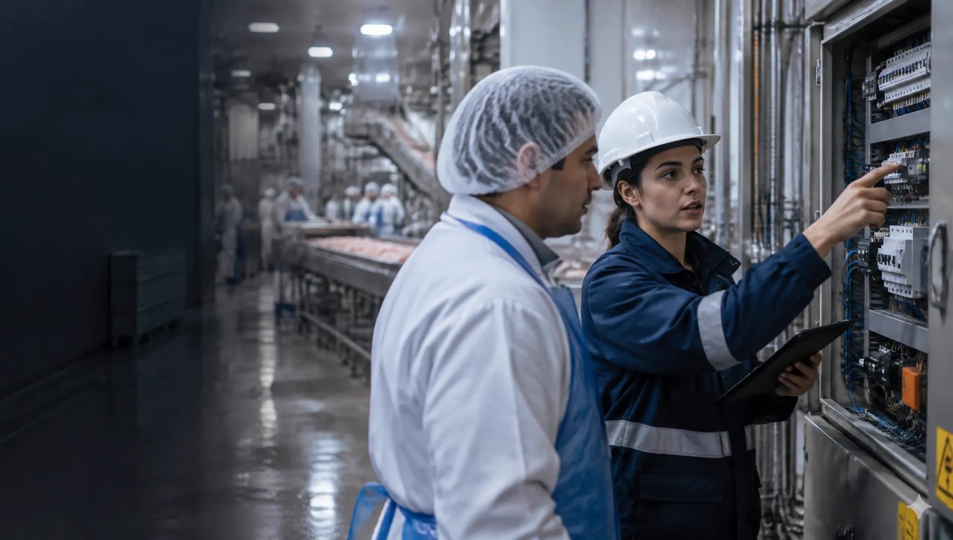Especialista técnica revisando una instalación eléctrica industrial